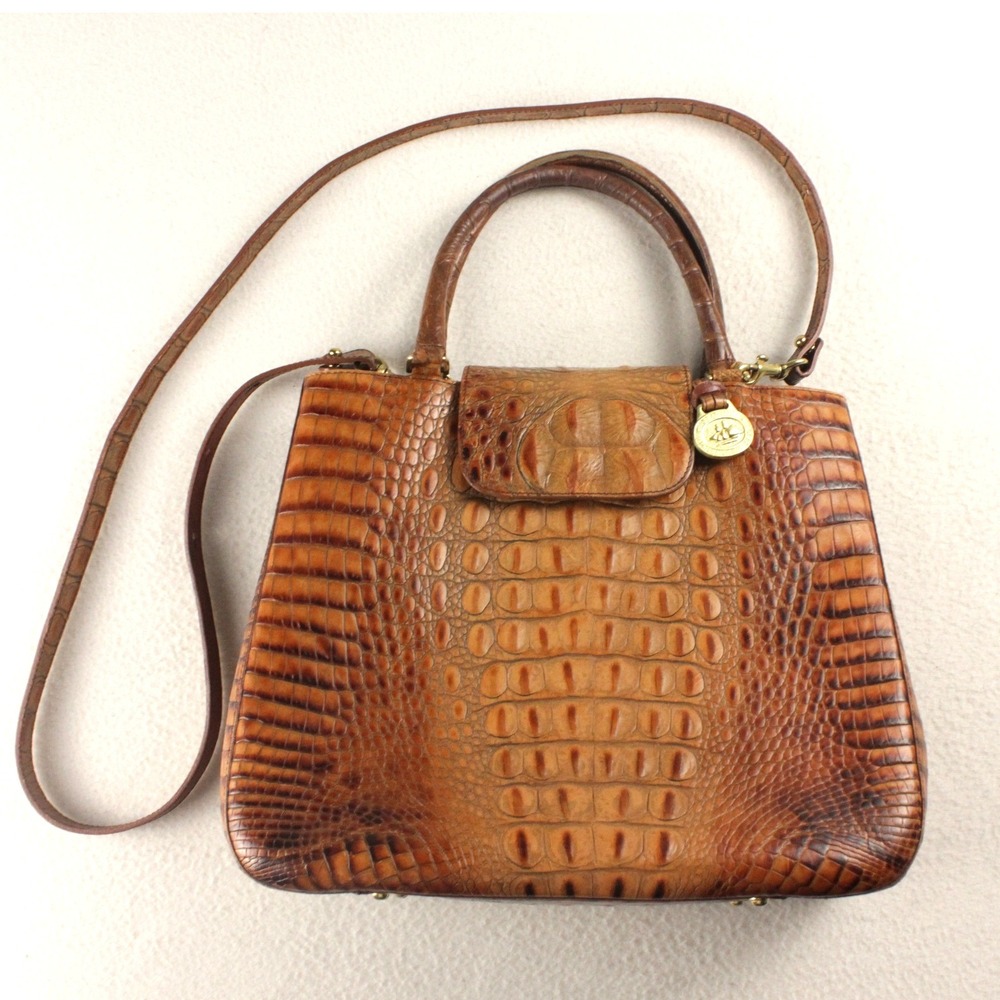Brahmin Cecilia Pecan Melbourne Croc Embossed Leather Satchel Handbag Crossbody